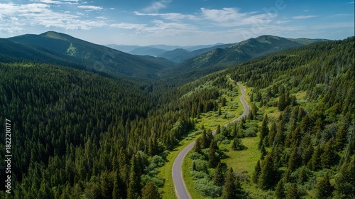 Aerial drone view of winding mountain road through dense evergreen forest valley wilderness landscape.