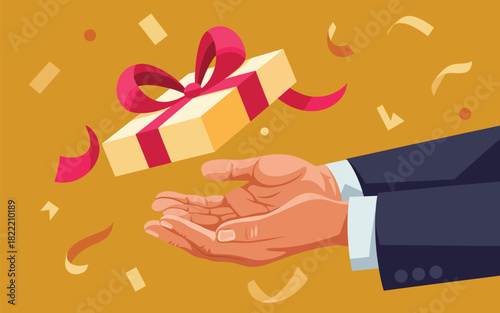 A gift box with a red ribbon floating above a pair of cupped hands with confetti on a gold background