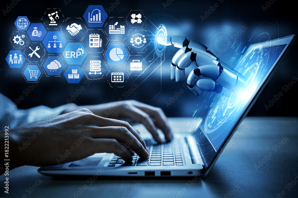 Naklejka premium Artificial intelligence enhances ERP systems, optimizing processes, integrating business data, and supporting smart decision-making across organizations. Entice