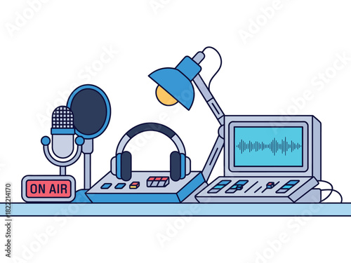 A professional audio recording setup with a microphone, headphones, and monitor displays.