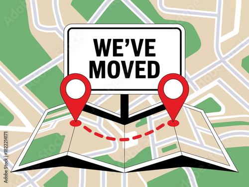 A map illustration shows a sign that says "WE'VE MOVED" with red location markers and a dotted line between them.