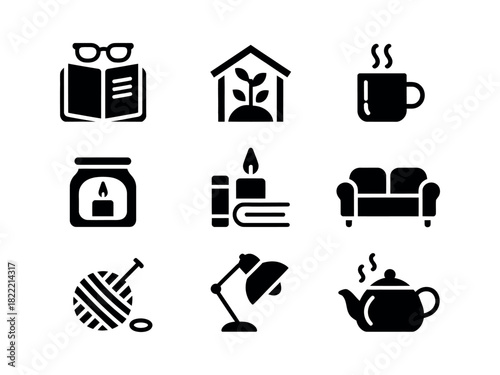 A collection of stylized icons representing hobbies and home comfort items such as reading, plants, and tea.