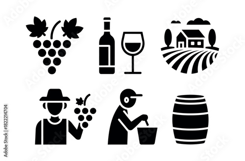 A collection of black and white icons representing the wine-making process, from grape harvest to barrel storage.