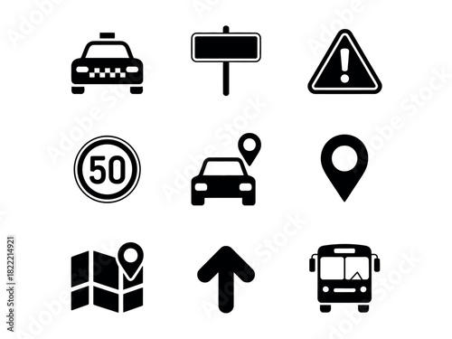 A collection of nine black and white icons representing transportation and navigation elements.