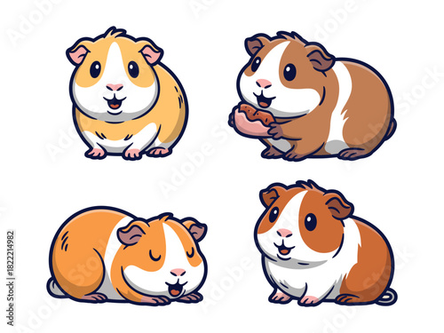 Four cute cartoon guinea pigs with different poses and colors are depicted against a white background.