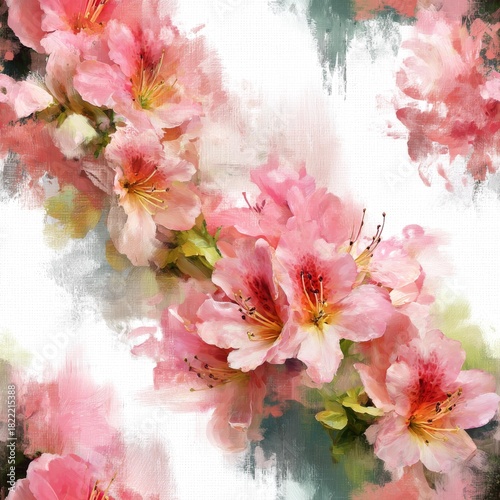 Oil painting of blooming azaleas in Blush Pink, Coral Rose, and Golden Amber with soft brushstrokes on a textured canvas background style.