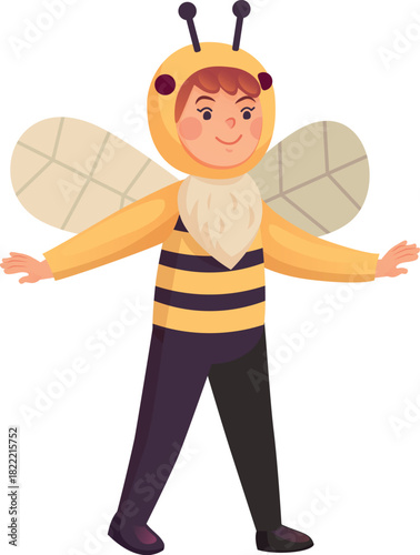 Child honeybee outfit. Happy kid in bee costume
