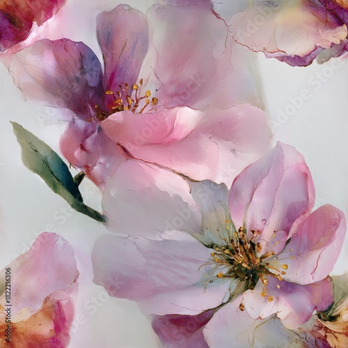 Seamless pattern of watercolor flowers featuring petals in Dusty Rose and Amethyst Orchid with Antique Gold centers, creating a soft and romantic botanical design for textiles and elegant wallpapers.