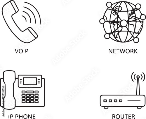 Simple outline icon collection for telecommunications, internet calling, global networking, and wireless connectivity