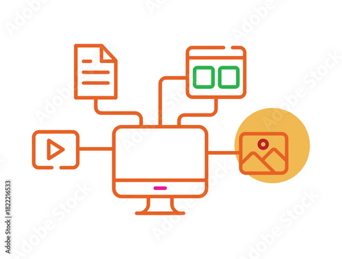 A computer displays a network of digital information, including documents, web pages, video, and images, on a white background.