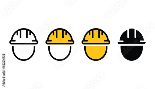 Four hard hats are depicted in a row, showing different styles and colors of protective headwear used in construction and industry.