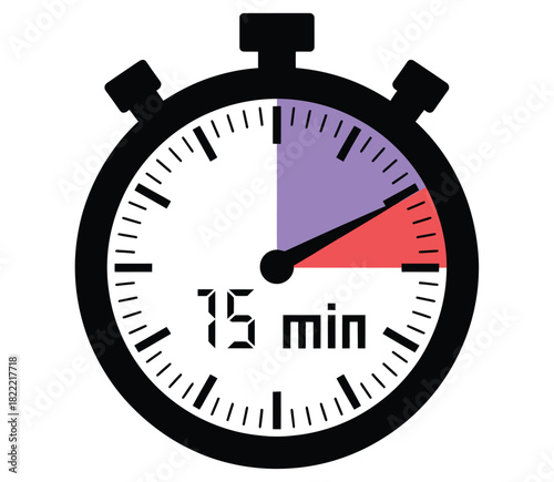 A stopwatch displays 75 minutes with a red and purple highlighted section on its face, indicating a time limit or elapsed duration.