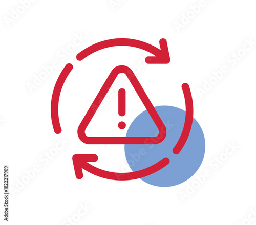 A red triangular warning sign with an exclamation mark inside is surrounded by red circular arrows indicating a process or cycle, with a blue circle in the background.
