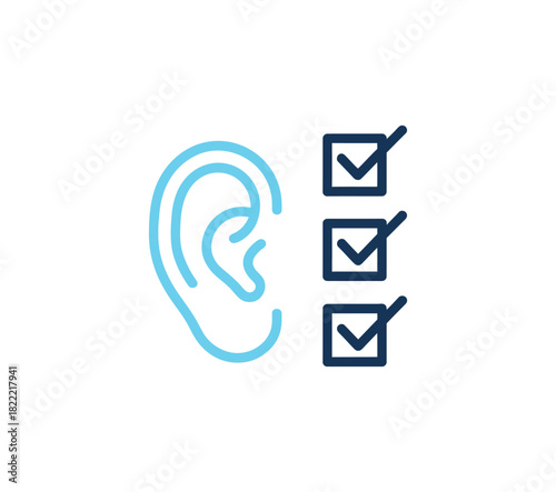 An outline of a human ear is shown next to three checkboxes, each containing a checkmark, suggesting a hearing test or evaluation.