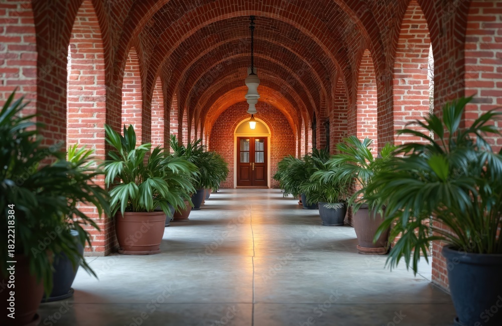 Fototapeta premium Long brick arched hallway with potted green plants. Bright double door stands at end of covered walkway. Sunlight streams through archways illuminating path. Architectural corridor features classic