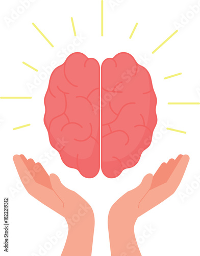 Brain treatment and care icon. Cartoon mind in human hands