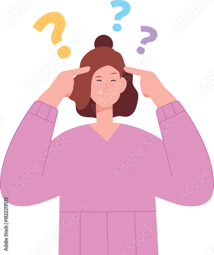 Hesitating woman with question marks. Worried person problem