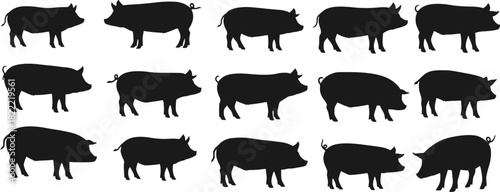 set of Black pig silhouettes on white background, diverse pigs vector collection. Ideal for agriculture branding, meat store logos, educational materials
