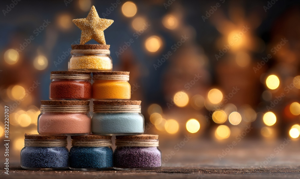 Obraz premium Colorful decorative jars creating a christmas tree shape, illuminated by warm bokeh lights on a rustic wooden background