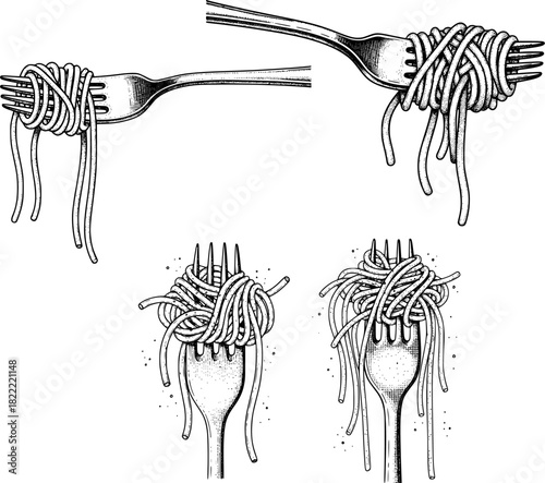 set of Spaghetti on Fork Black Ink Drawing. Hand Drawn Pasta Illustration in Vintage Engraving Style
