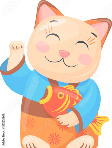 Japanese cat with fish toy. Wealth charm figurine