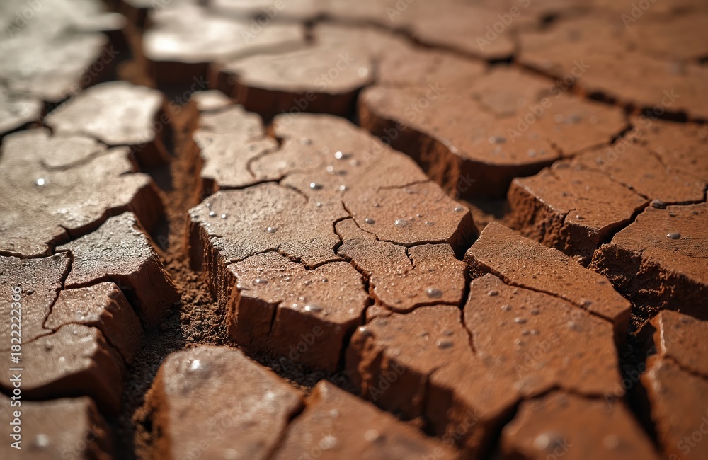 Obraz premium Close up shot of cracked earth surface with water droplets. Brown dry clay ground shows deep fissures from drought or erosion. Natural ground texture with rough patterns and mud.