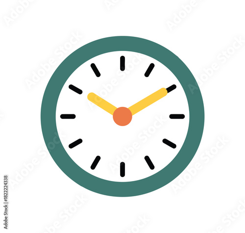 A simple analog clock face with green border, white background, and yellow hour and minute hands shows approximately 10:10.