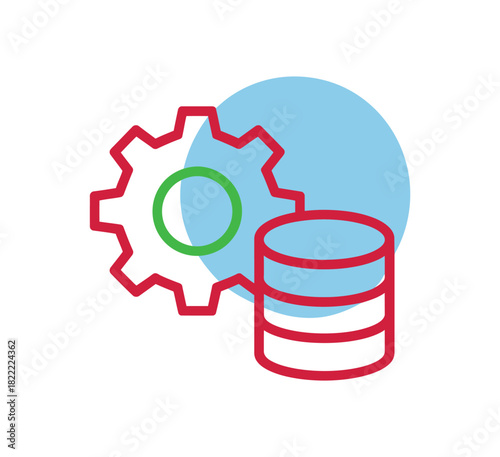 A stylized icon representing database management and data processing with a gear and a cylinder.