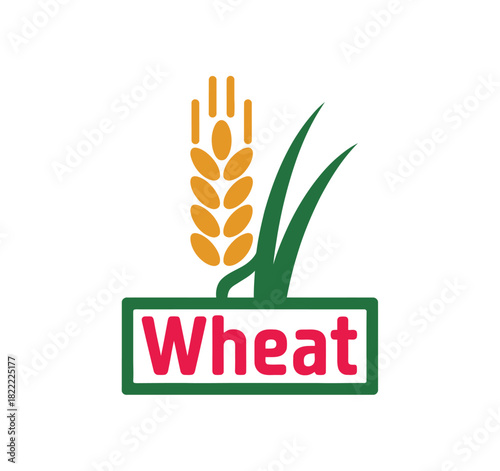 A simple graphic illustration features a stylized wheat stalk with green leaves and the word 'Wheat' in bold red letters within a green rectangle, symbolizing agriculture and food production.