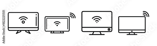Smart tv monitor wireless connection line icon set