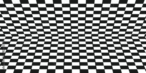 Psychedelic checkerboard background. Retro wavy checkered wallpaper with a groovy distorted pattern. Abstract black and white vector design. Vector illustration, eps 10