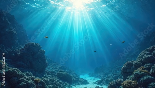 Wallpaper Mural Sunlight streams into deep blue ocean water, illuminating coral reefs and small fish. Underwater seascape with marine life and aquatic coral formations. Vast oceanic depth below bright sunbeams. Torontodigital.ca