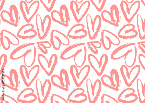 Pink grunge hearts seamless pattern with rough, distressed texture. Irregular hand-drawn heart shapes create a bold romantic background for Valentine’s designs, packaging, stationery