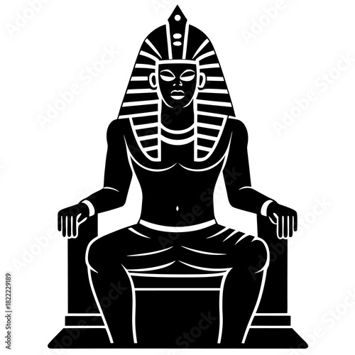 Egyptian pharaoh sitting on throne black and white illustration