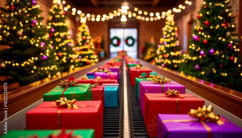 Colorful christmas presents moving down a conveyor belt, representing holiday logistics, gift preparation, festive distribution, and the magic of giving sale