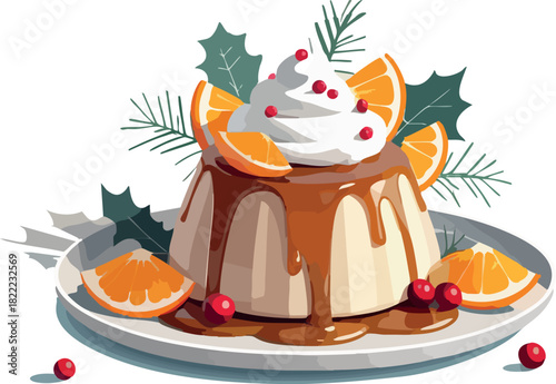 A festive caramel drizzle panna cotta dessert decorated with orange slices, cranberries, pine leaves, and holiday spices on a plate,