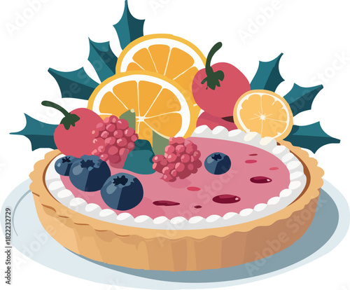 A festive pink berry tart decorated with blueberries, raspberries, orange slices, and green leaves on a white plate,