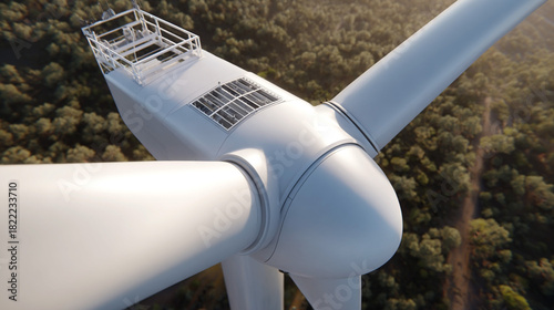 Modern wind turbine close-up with large white blades generating renewable energy in forest landscape at sunset