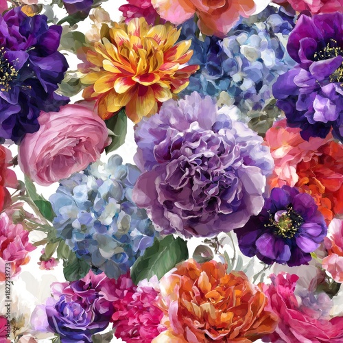 Seamless floral pattern featuring purple peonies, blue hydrangeas, and pink roses arranged in a dense bouquet on a white background for textile design.