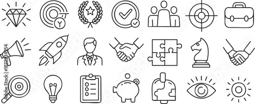 Black and white line icons for business and marketing concepts