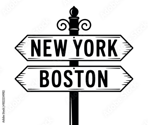 A directional signpost indicates travel to New York and Boston.