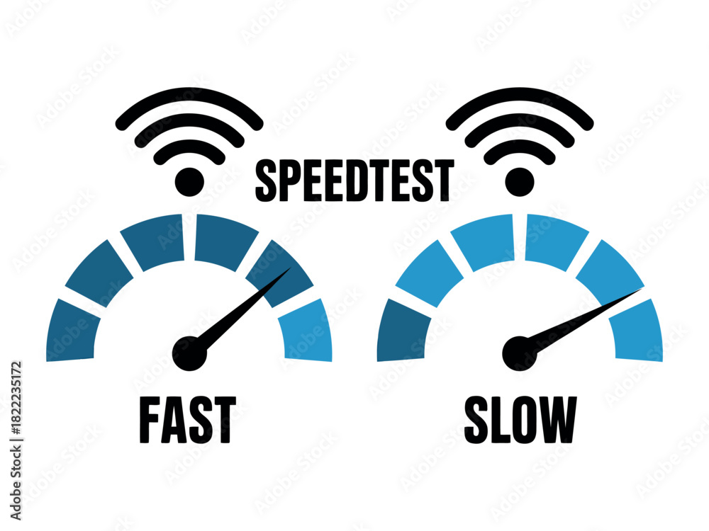 © irfan meladi - Two speedometers show fast and slow internet connection speeds with Wi-Fi symbols.