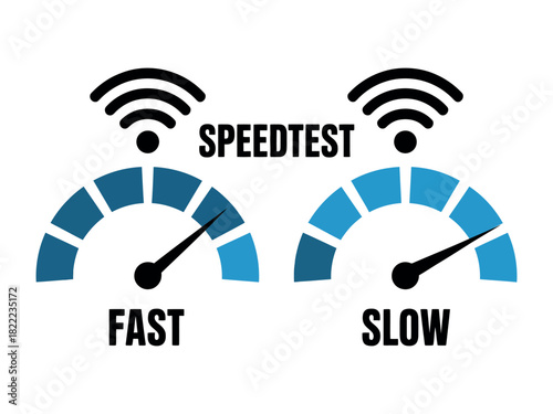 Two speedometers show fast and slow internet connection speeds with Wi-Fi symbols.