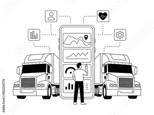 A person interacts with a smartphone displaying analytics between two semi-trucks.
