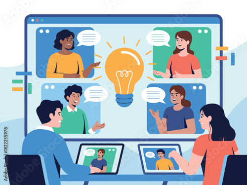 Diverse team collaborates on a bright idea during a video conference call.