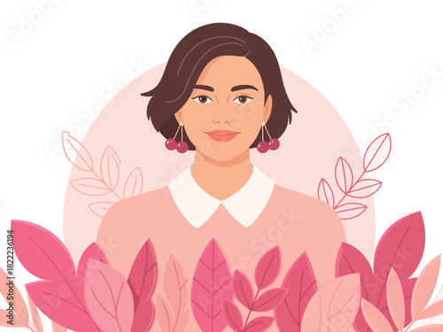 A young woman with short brown hair and cherry earrings smiles gently.