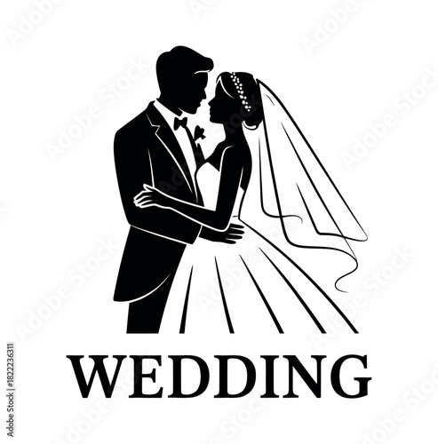 A silhouette of a bride and groom embracing on their wedding day.