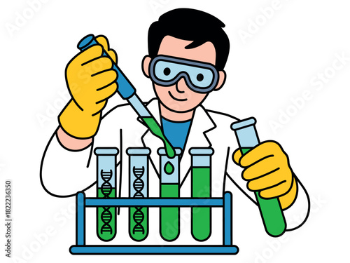 A scientist in a lab coat uses a pipette to transfer liquid into a test tube.