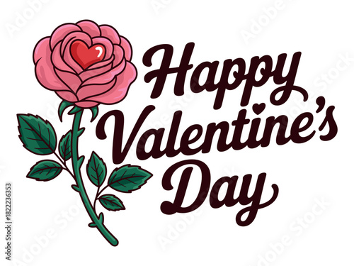 A pink rose with a heart-shaped center accompanies the text Happy Valentine's Day.