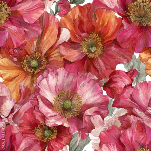 Seamless floral pattern featuring large red, pink, and orange poppy flowers with green leaves on a white background, designed for elegant textile prints and wallpaper decoration.